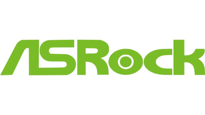 ASRock logo in bold green letters on white background, technology brand graphic