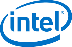 Blue Intel logo with stylized oval swirl, symbolizing gaming PC hardware brand