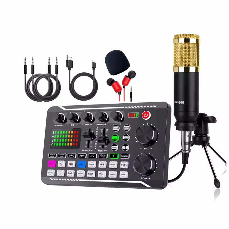 F998 Live Sound Card Audio Mixer Bundle black gold