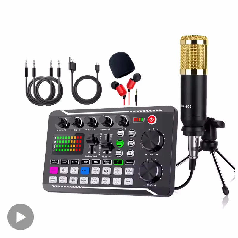Podcast microphone with mixer, tripod stand, earphones, and audio cables for gaming setup