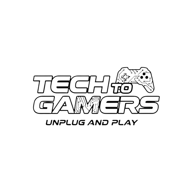 Tech To Gamers logo with circuit pattern and game controller, tagline 'Unplug and Play'.