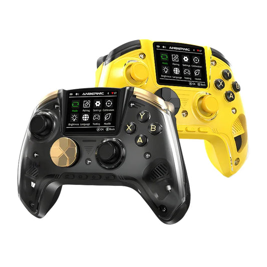 Black and yellow wireless gaming controllers with screens and customizable buttons