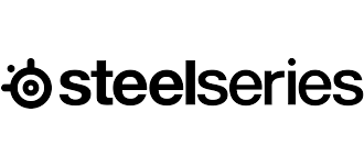 SteelSeries logo in bold black text, gaming gear brand